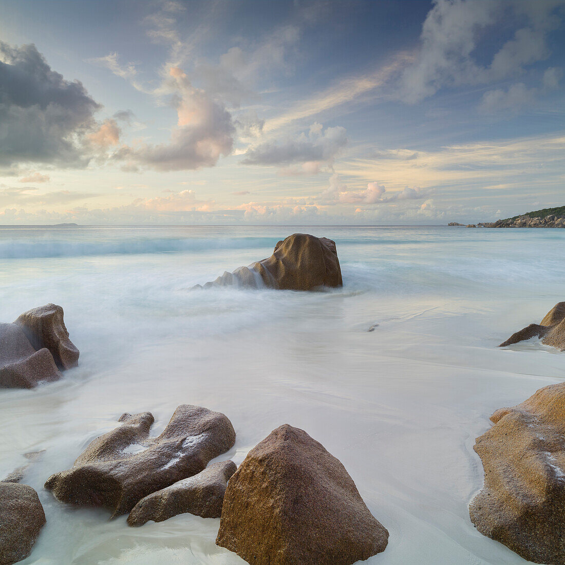 Morgenlicht, Strand Grand Anse, La Digue Island, Seychellen