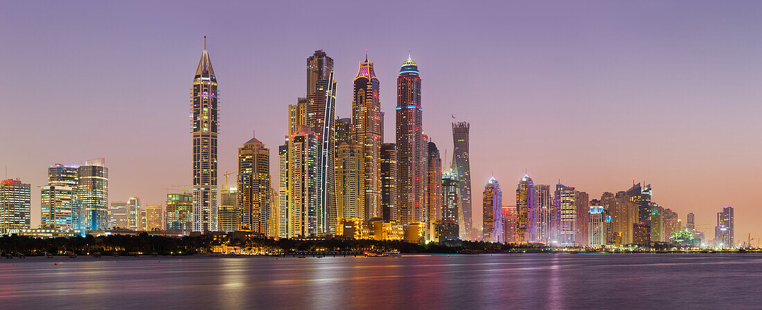 Skyscrapers in the Dubai Marina from the Palm Jumeirah, Dubai, Unites Arab Emirates, UAE