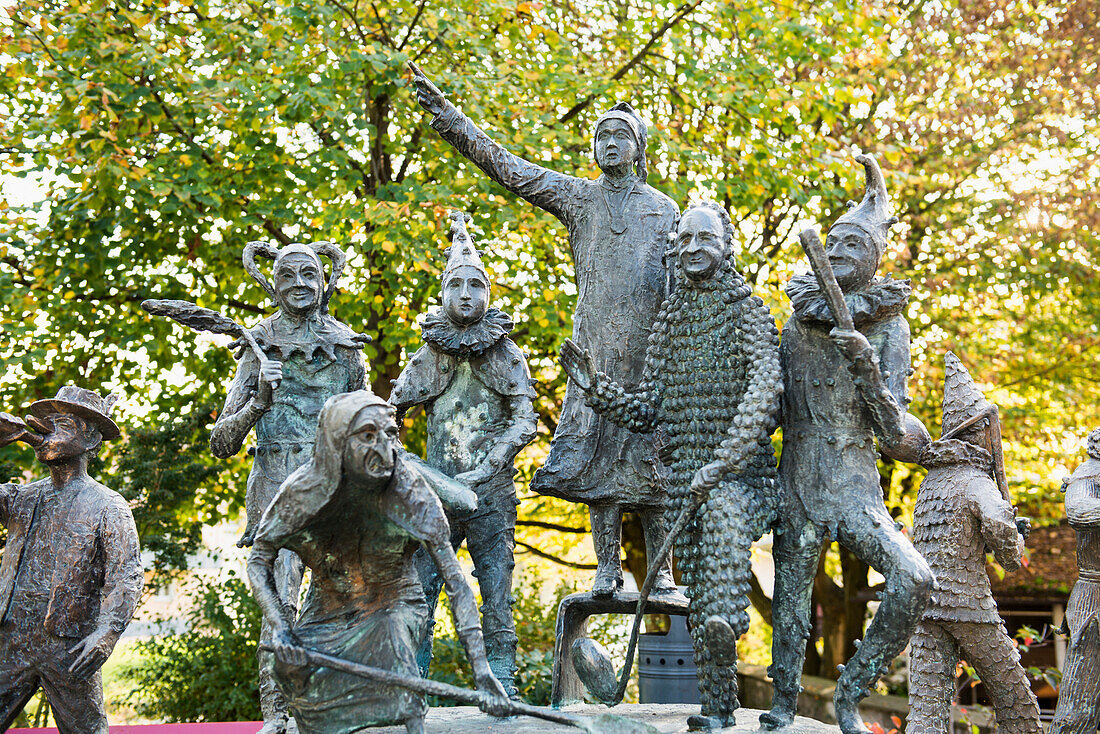 Sculptures at the fountain, Wolfach, Ortenau, Black Forest, Baden-Wuerttemberg, Germany