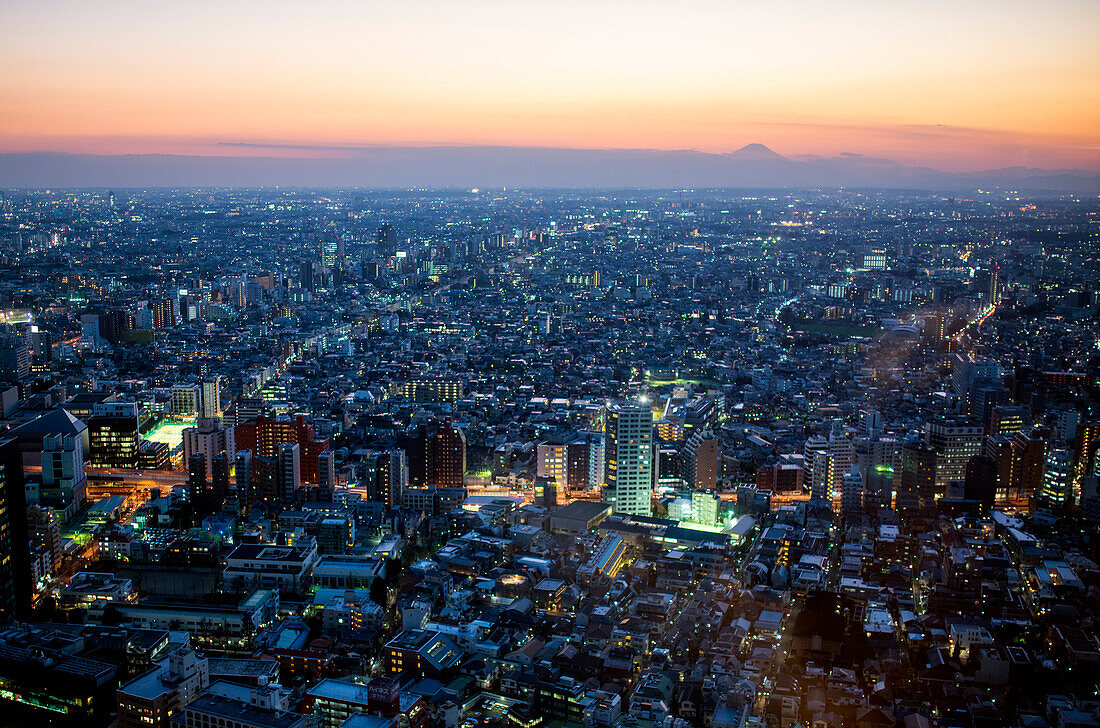 Tokio im Januar zur blauen Stunde, teilweise mit Blick auf den Fujiyama, Tokio, Japan