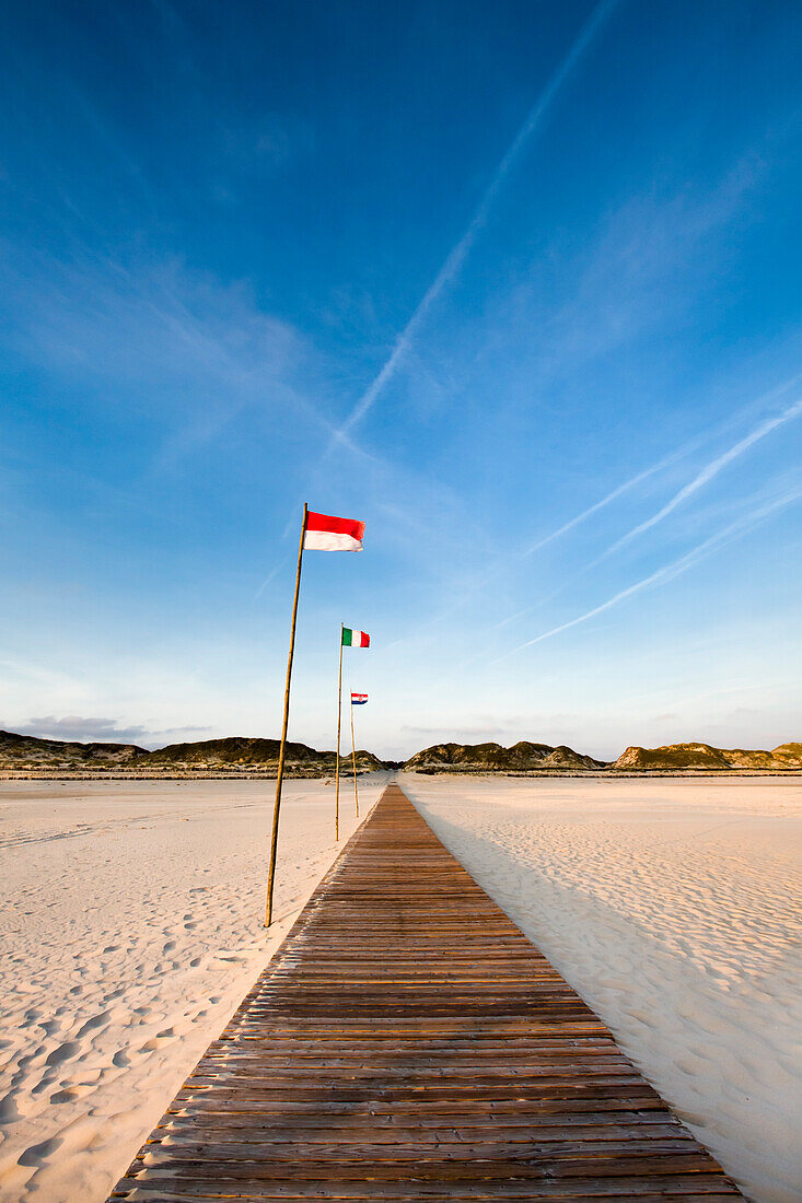 Wooden path on the beach, Amrum Island, North Frisian Islands, Schleswig-Holstein, Germany