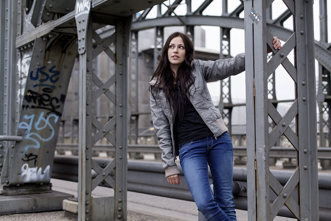 Young woman on Hacker Bridge, Munich, Bavaria, Germany