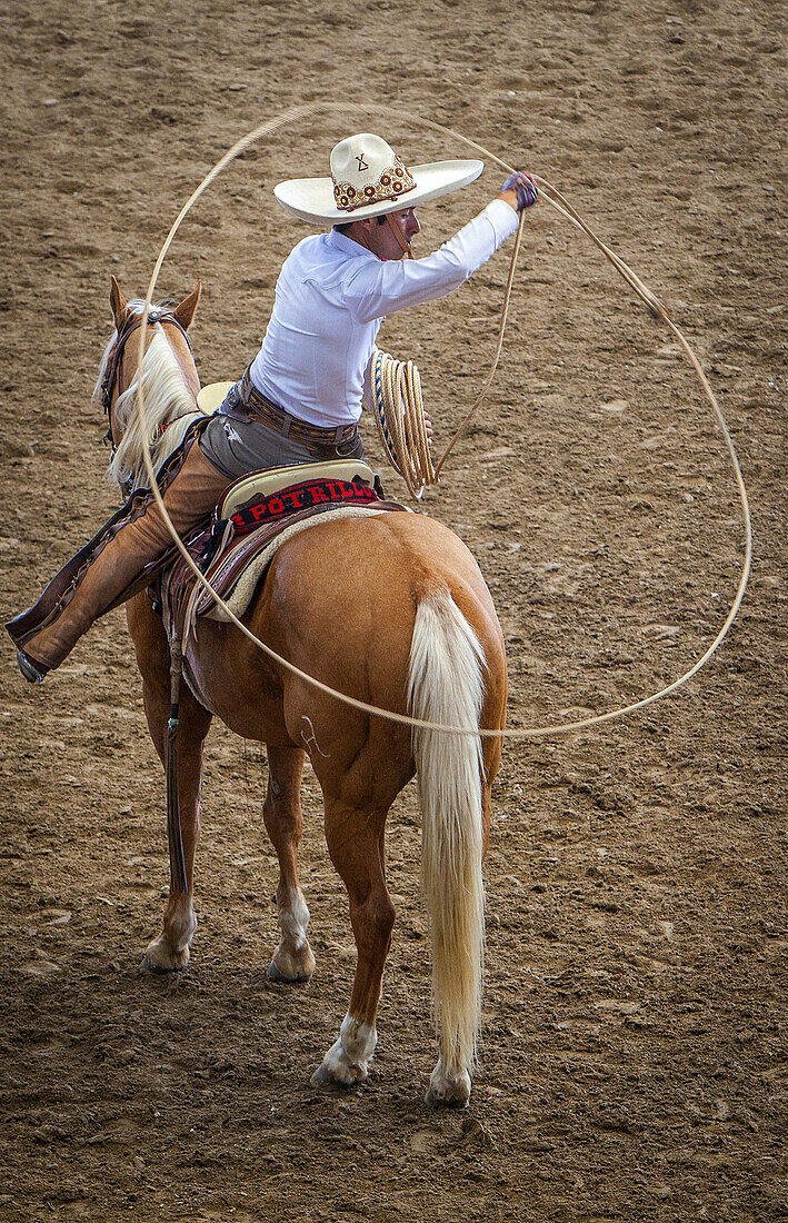 A charreada Mexican rodeo at the Lienzo Charro Zermeno, Guadalajara, Jalisco, Mexico.