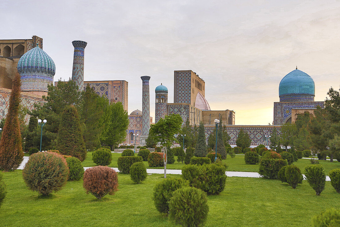 Uzbekistan, Samarkand City ,Registan Square Skyline.
