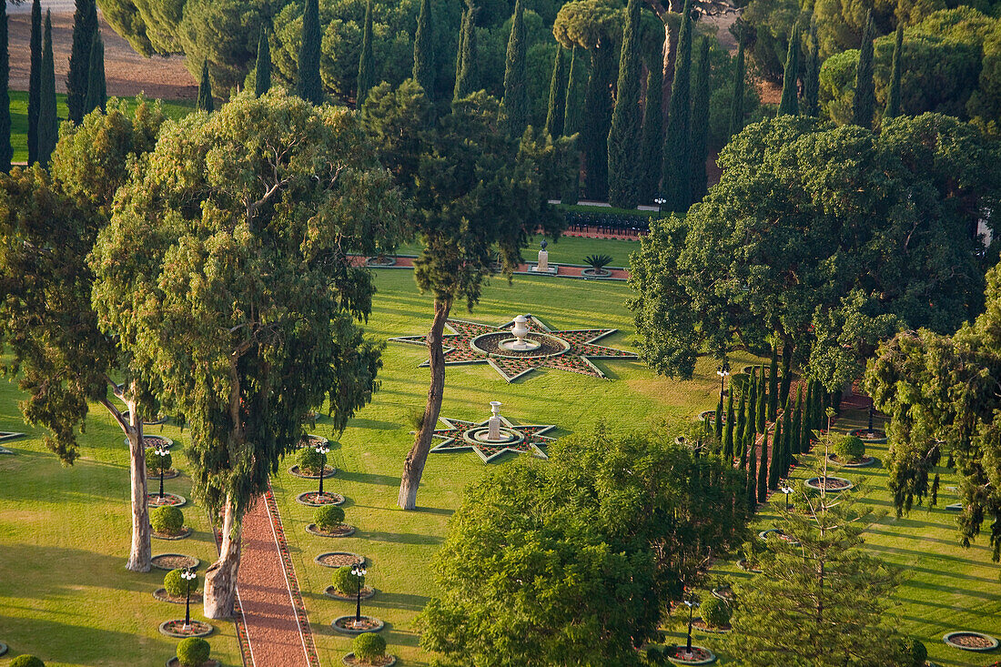 An aerial photo of the Bahai Gardens in Akko