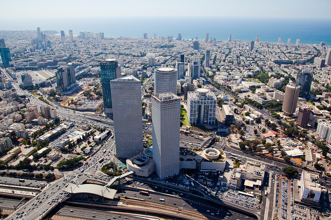 Aerial photograph of the Azrieli towers in central Tel Aviv