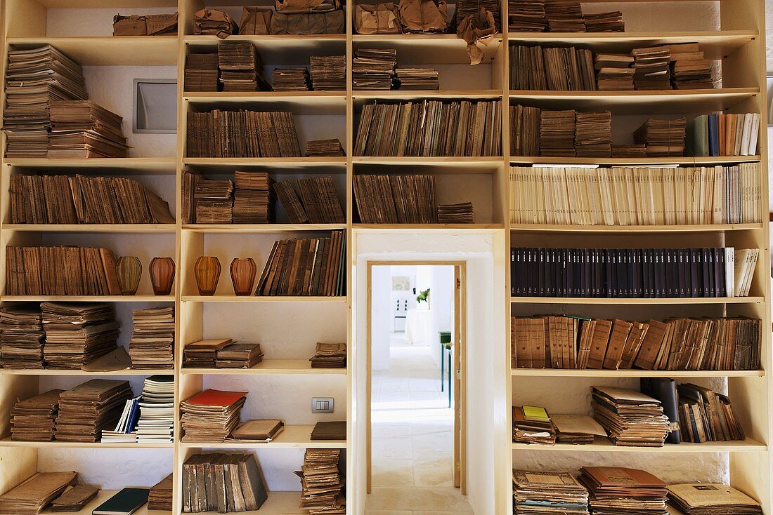 Built in shelves filled with old books