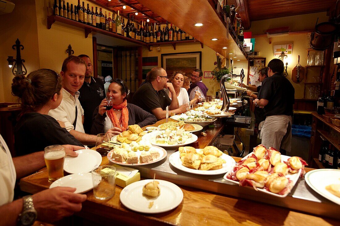 Pintxos and tapas in Bar Tamboril, San Sebastian, Guipuzcoa, Basque Country, Spain