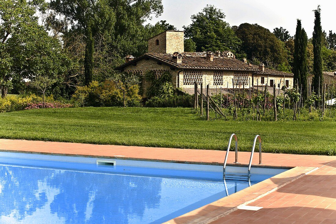 Corner of a pool with a ladder and a view of a Mediterranean grange