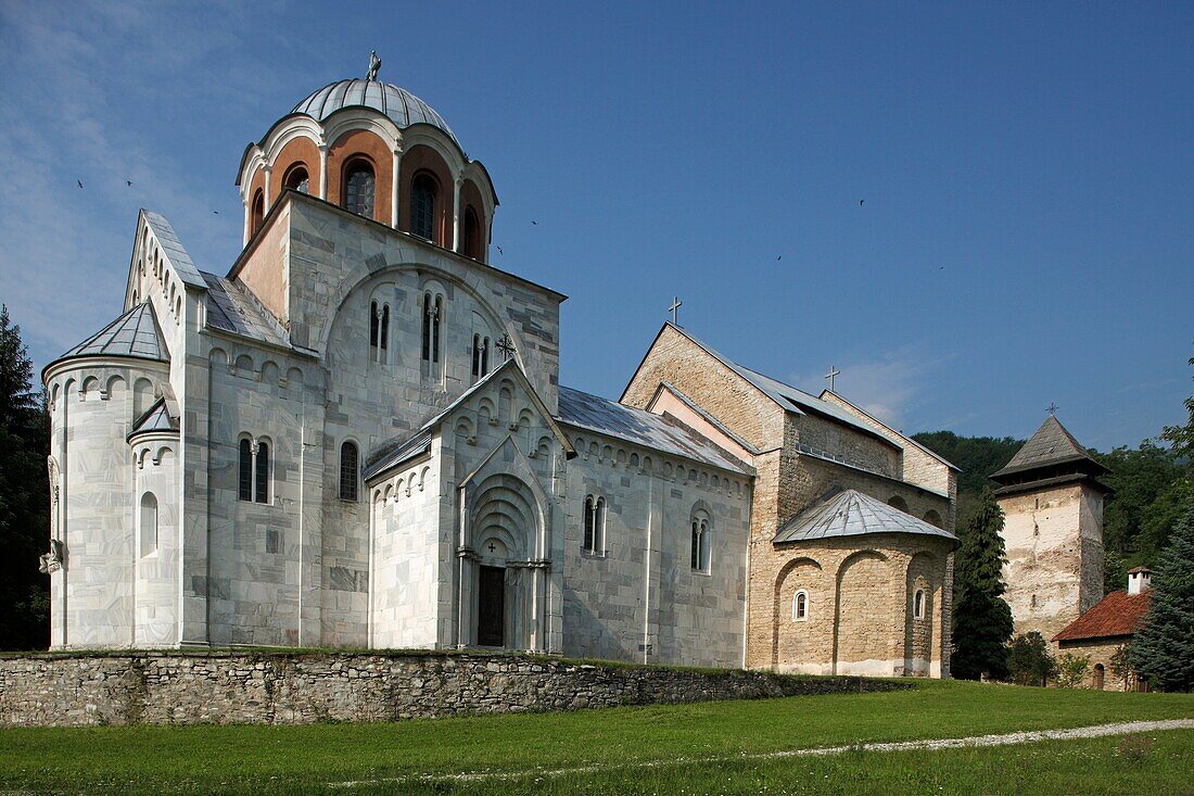 Serbia,Studenica Monastery,founded by Grand Prince Stefan Nemanja,late 12th century,Church of the Virgin,Orthodox,christian,religious,exterior,outside,facade,colour,cupolas