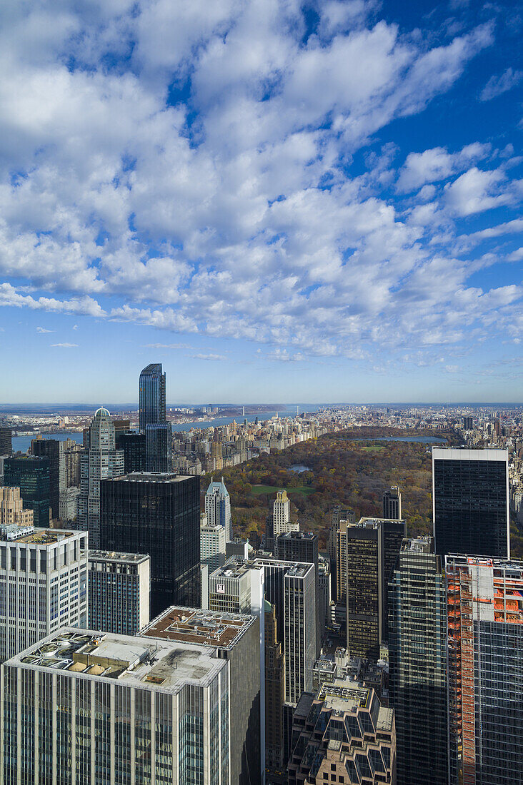 USA, New York, New York City, elevated view of the Upper West Side of Manhattan and Central Park from 30 Rock viewning Platform, autumn.