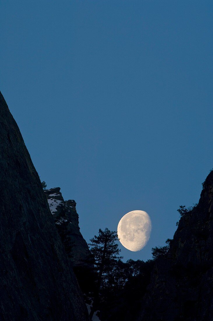Waning gibbous moon setting behind mountain cliff, Yosemite National Park, California