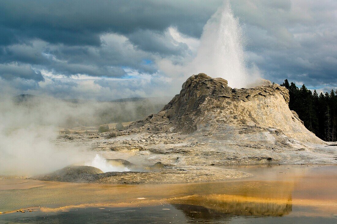 Geothermal steam and water venting out of Castle Geyser, Upper Geyser Basin, Yellowstone National Park, Wyoming