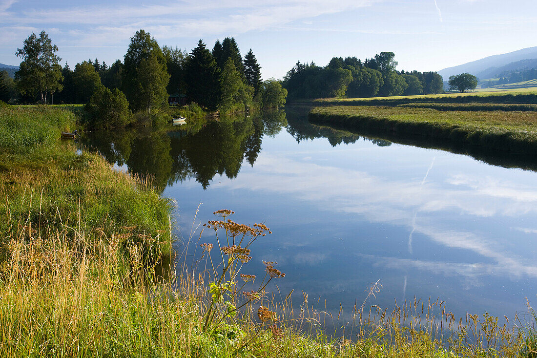 Lac de Joux, Switzerland, canton Vaud, Waadländer Jura, lake, water, lake shore, grass, wood, forest, boat reflection