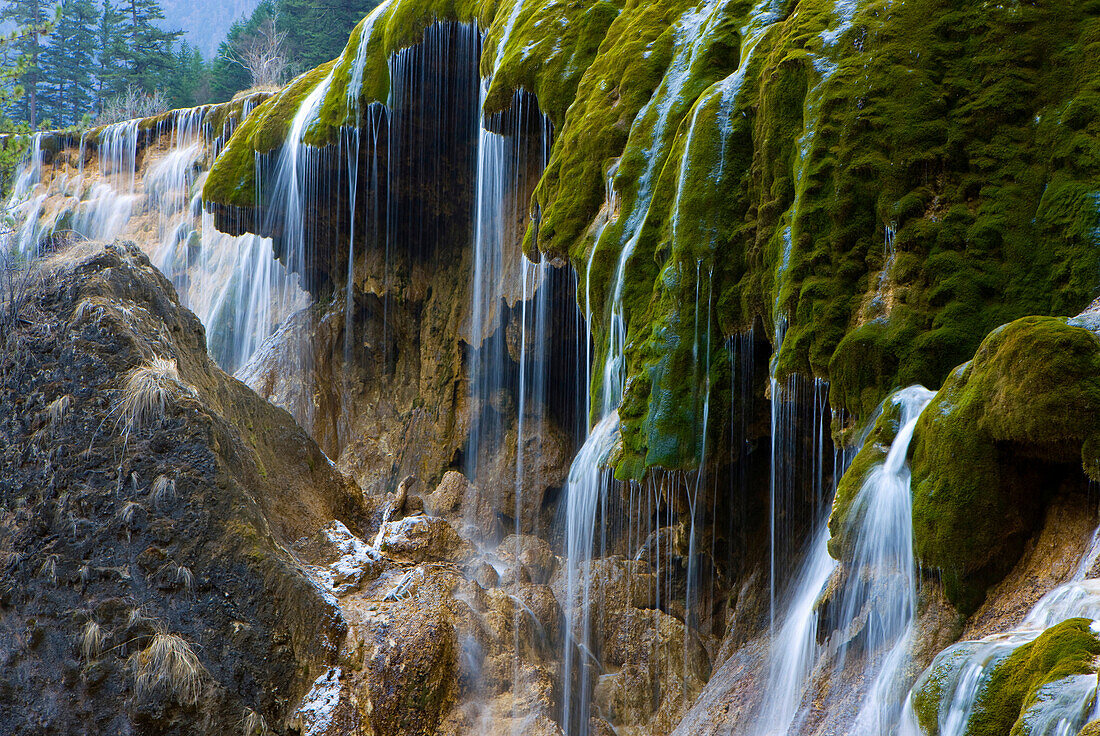 Jiuzhaigou, Pearl Shoal fall, China, Asia, national park, spring, waterfall, moss, tuff stone