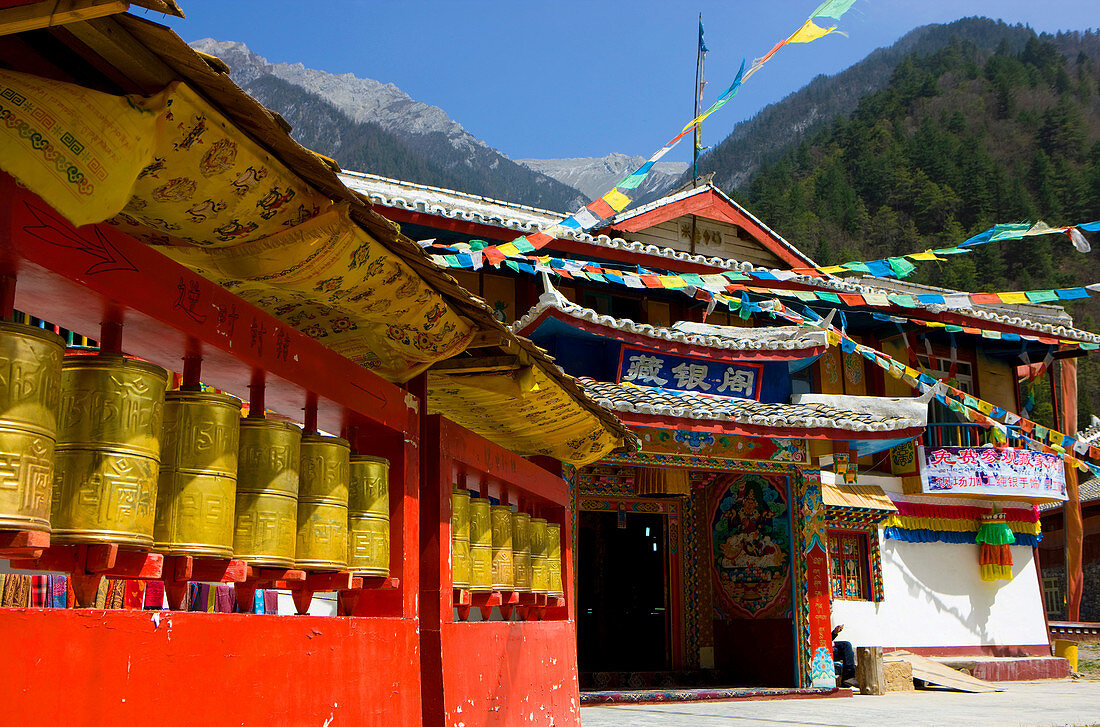 Zechawa Village, China, Asia, village, house, home, painted facade, decorations, flags, Chinese writing, handwriting, religious site, place, prayer mills