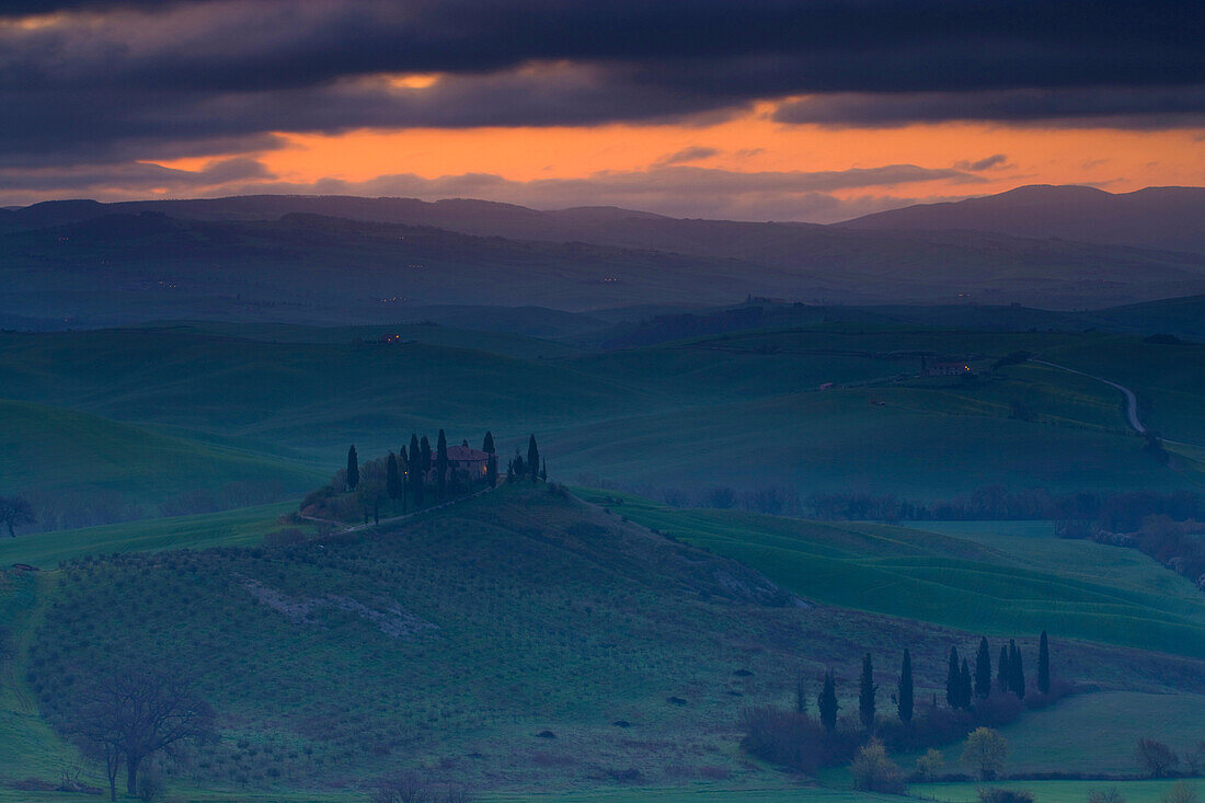 San Quirico dOrcia, Italy, Europe, Tuscany, Crete, hill, fields, farm, clouds, morning mood, cypresses