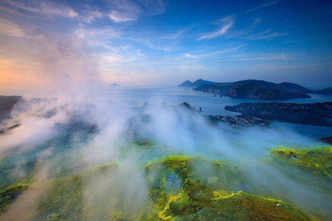 Vulcano, Italy, Europe, Lipari Islands, island, isle, volcano, crater, fumarole, sulphur, sulfur, deposition, steam, vapor, evening mood, sea, Mediterranean Sea