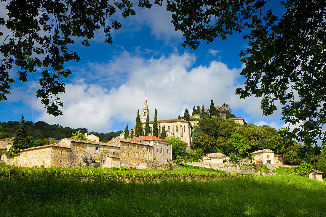 La Roque_sur_Cèze, France, Europe, Languedoc_Roussillon, village, houses, homes, church, trees, clouds