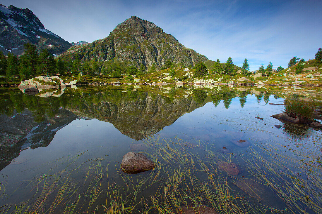 Mässersee, Switzerland, canton Valais, nature reserve, valley of Binn, lake, mountain lake, reflection, water plants