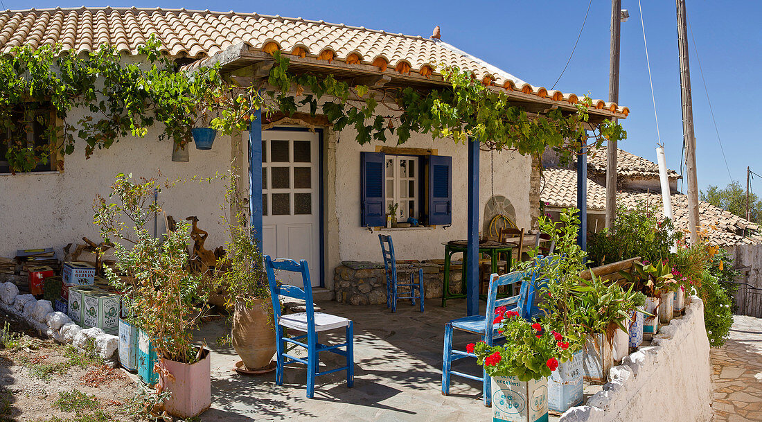 House, Afionas, Corfu, Europe, Greece, city, village, flowers, summer,