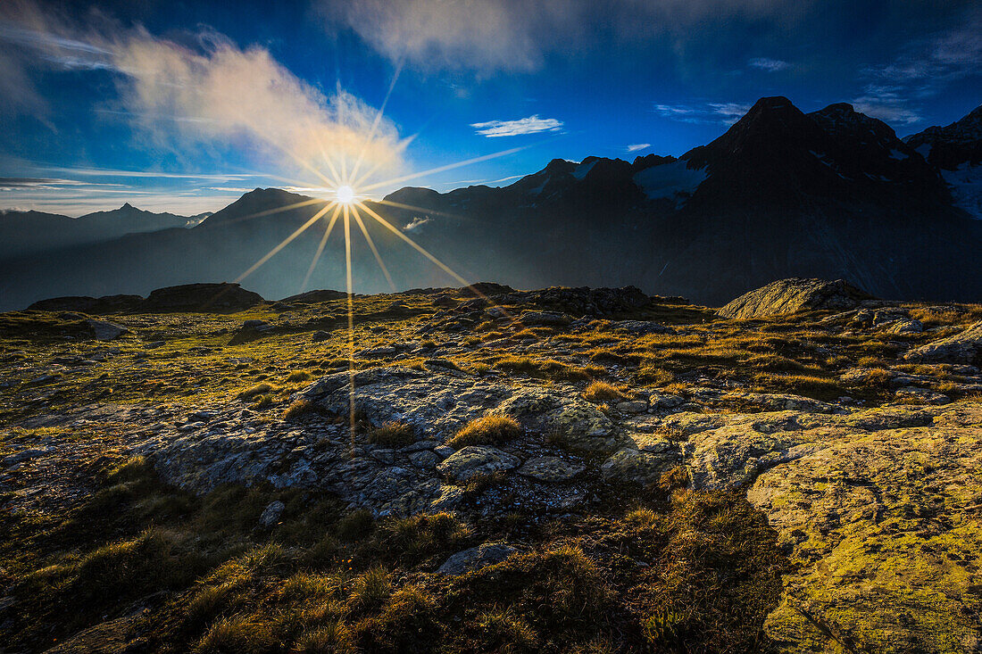 Alps, view, Fuorcla Surlej, mountain, mountains, mountain massif, Engadin, Engadine, mountains, back light, glacier, Graubünden, Grisons, sky, morning, morning light, Oberengadin, Upper Engadine, Piz Tschierva, Switzerland, Swiss Alps, summer, sunrise, mo