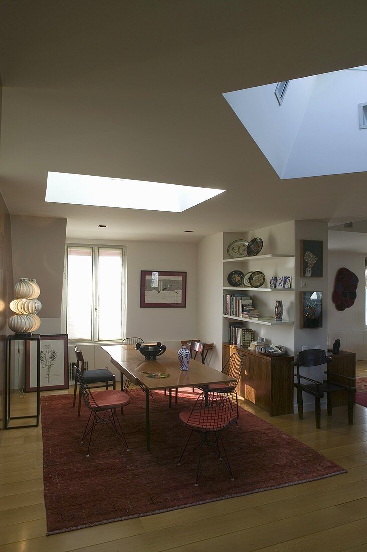 Skylight above a table in an open dining room