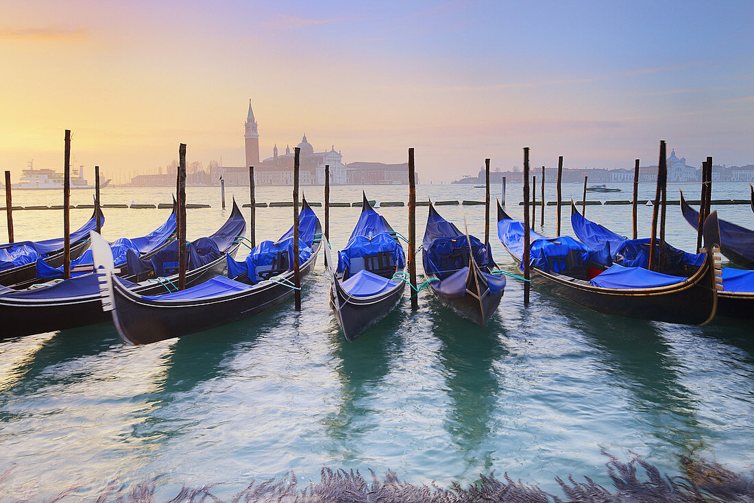 Gondolas moored on Grand Canal and Church of San Giorgio Maggiore beyond at sunrise, near Piazza San Marco, Venice, Veneto, Italy, Europe.