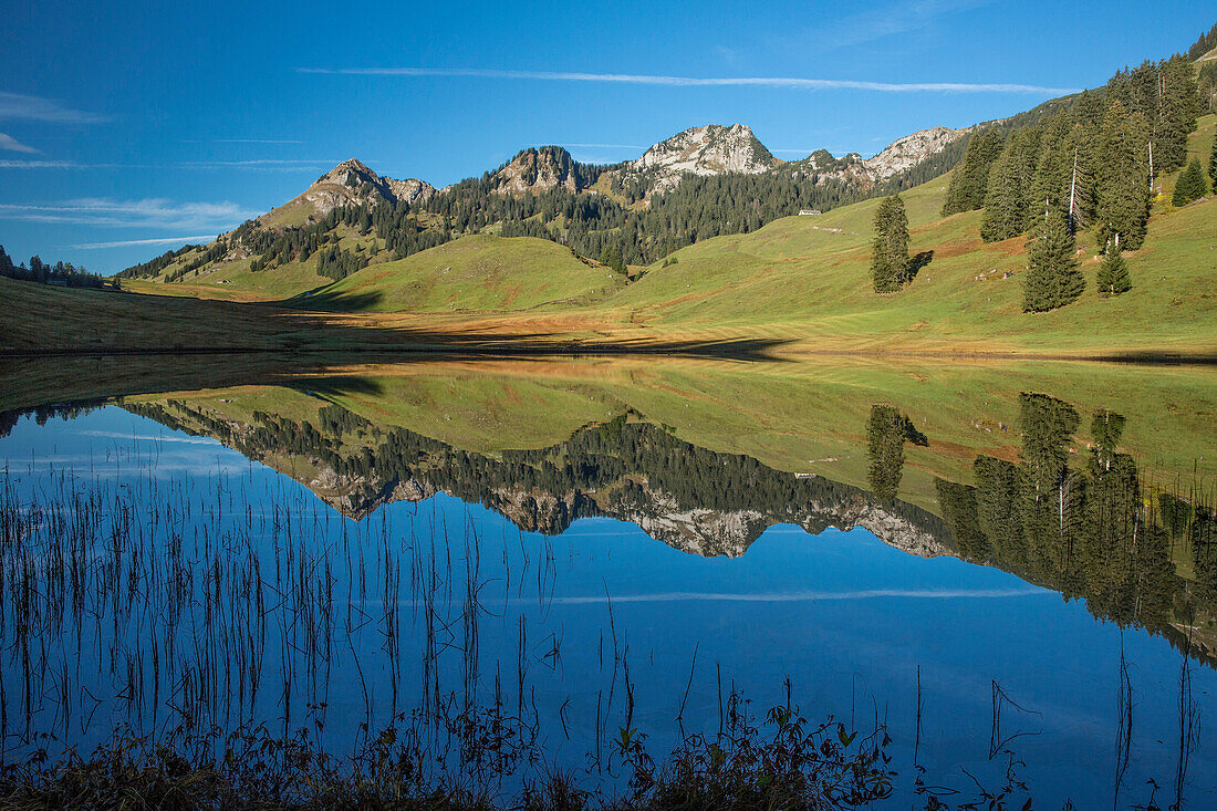 Toggenburg, Gräppelensee, lake, mountain, mountains, mountain lake, autumn, reflection, SG, canton St. Gallen, Toggenburg, Switzerland, Europe,