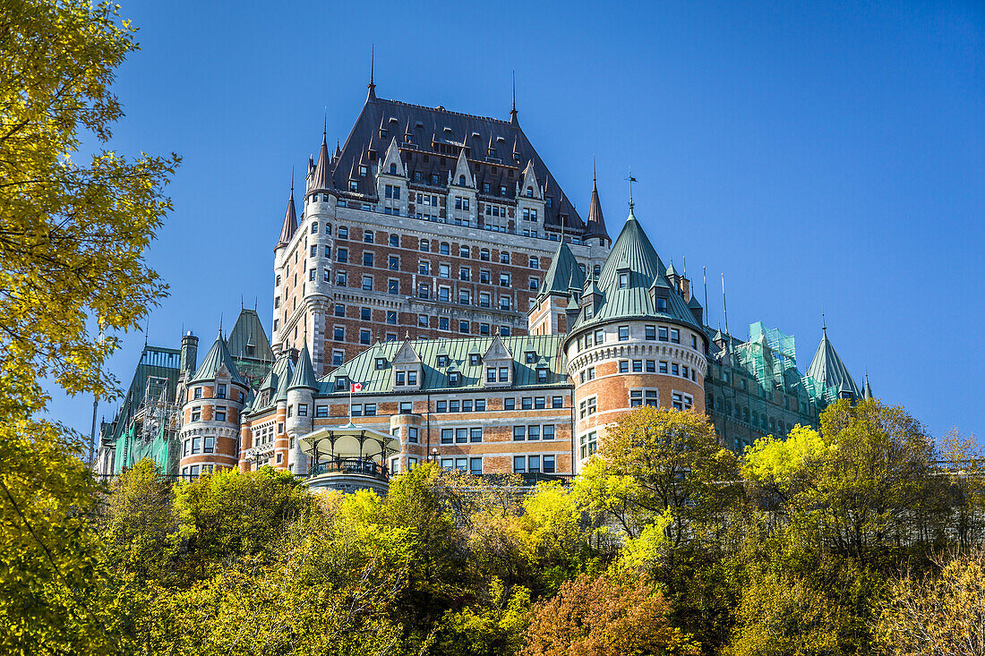 The Fairmont Chateau Frontenac and the historic buildings of Lower Town in Old Quebec, Quebec City, Quebec, Canada.