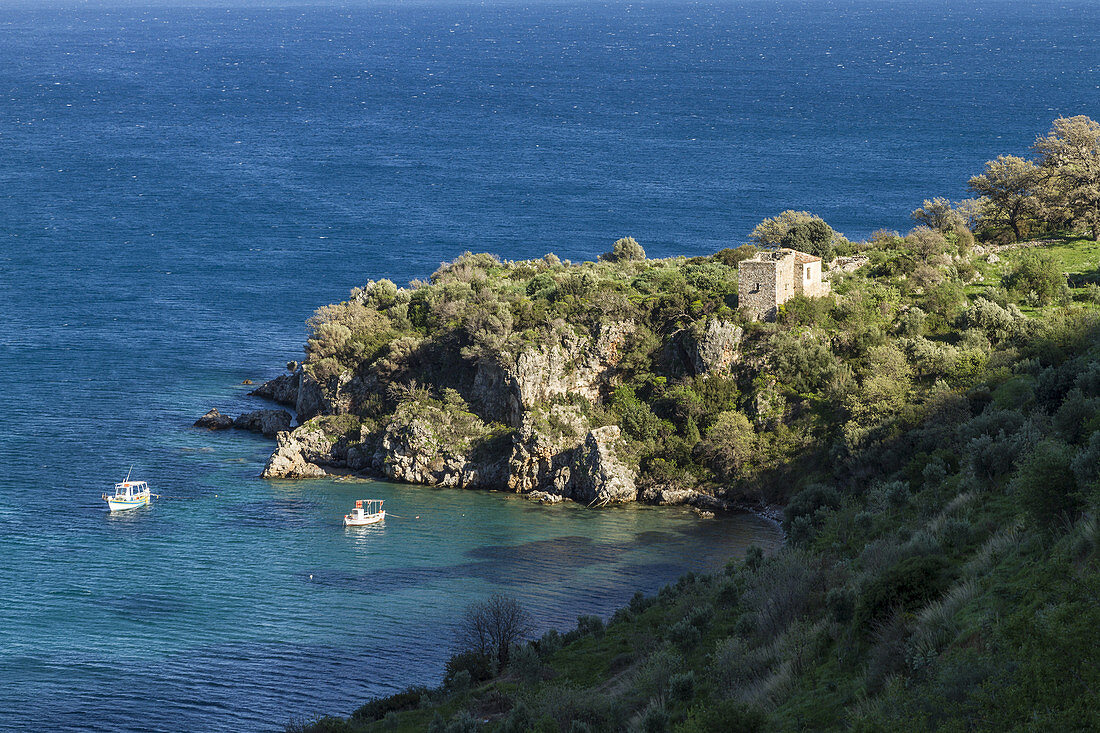 An old house with tower near Aghia Varvara beach. Skoutari, Laconia, Peloponnese.