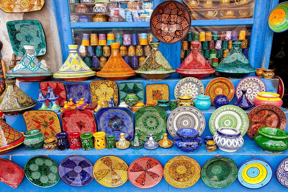 Colorful displays in the shops of the souq in Essaouira, Morocco