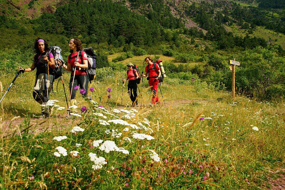 Canal Roya walkers Huesca Pyrenees Pyrenees Mountains Spain.