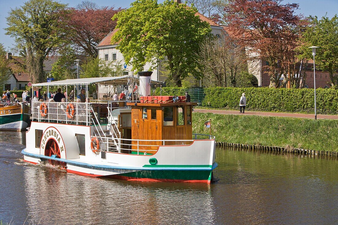 A steam boat replica in Carolinensiel, East Frisia, Lower Saxony, Germany, Europe