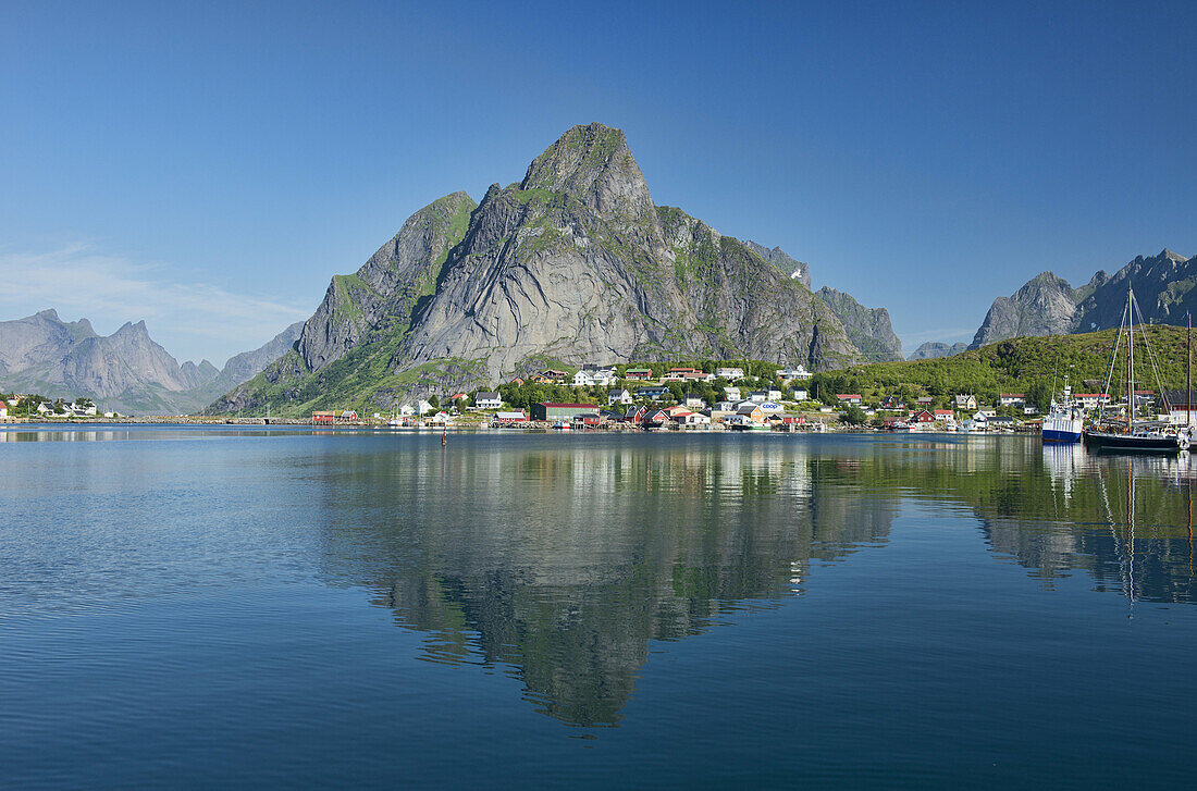 The village of Reine and fjords and mountains in the Lofoten Islands, Norway.