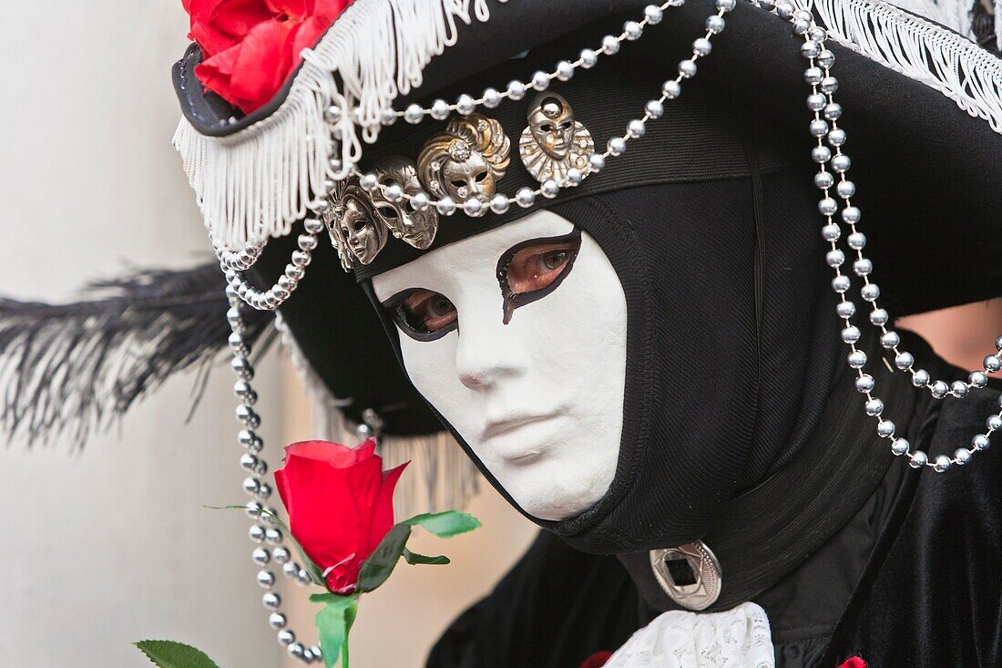 A masked person at the carnival in Venice, Italy, Europe