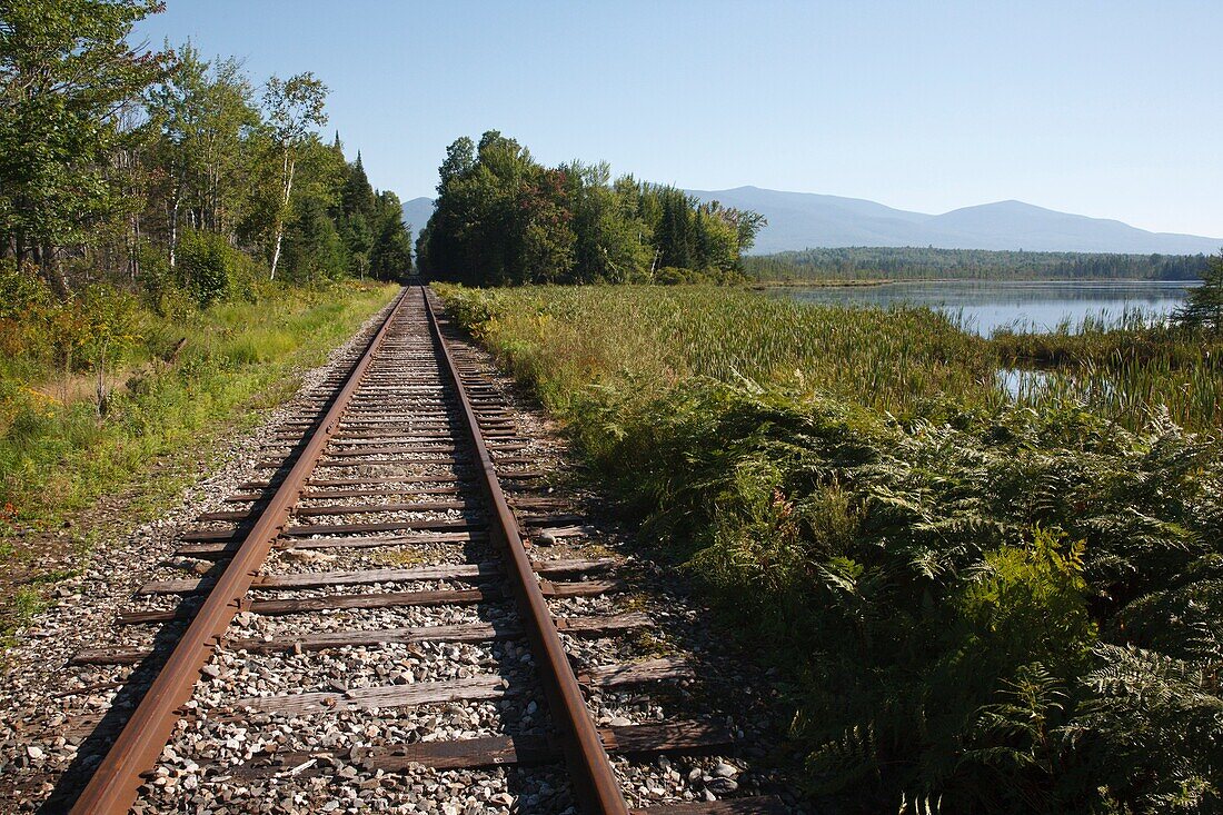 Pondicherry Wildlife Refuge - Railroad tracks next to Cherry Pond in Jefferson, New Hampshire USA  This refuge was designated a National Natural Landmark in 1974 by the National Park Service