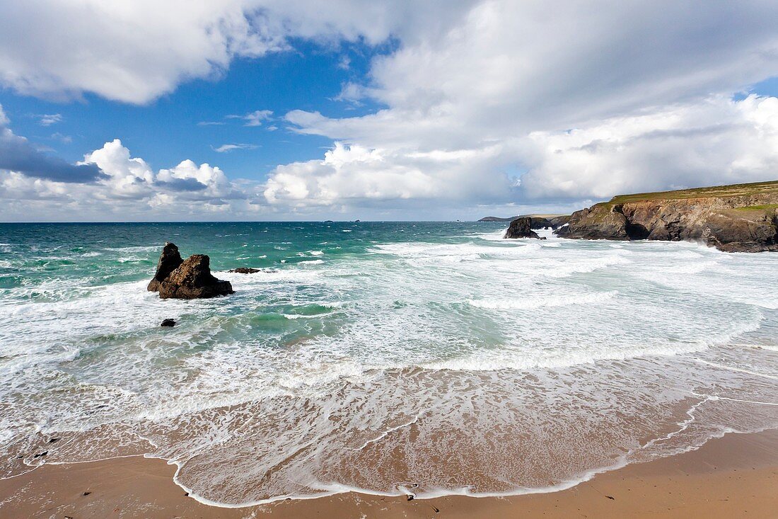 Rough seas at Porthcothan Cornwall England UK