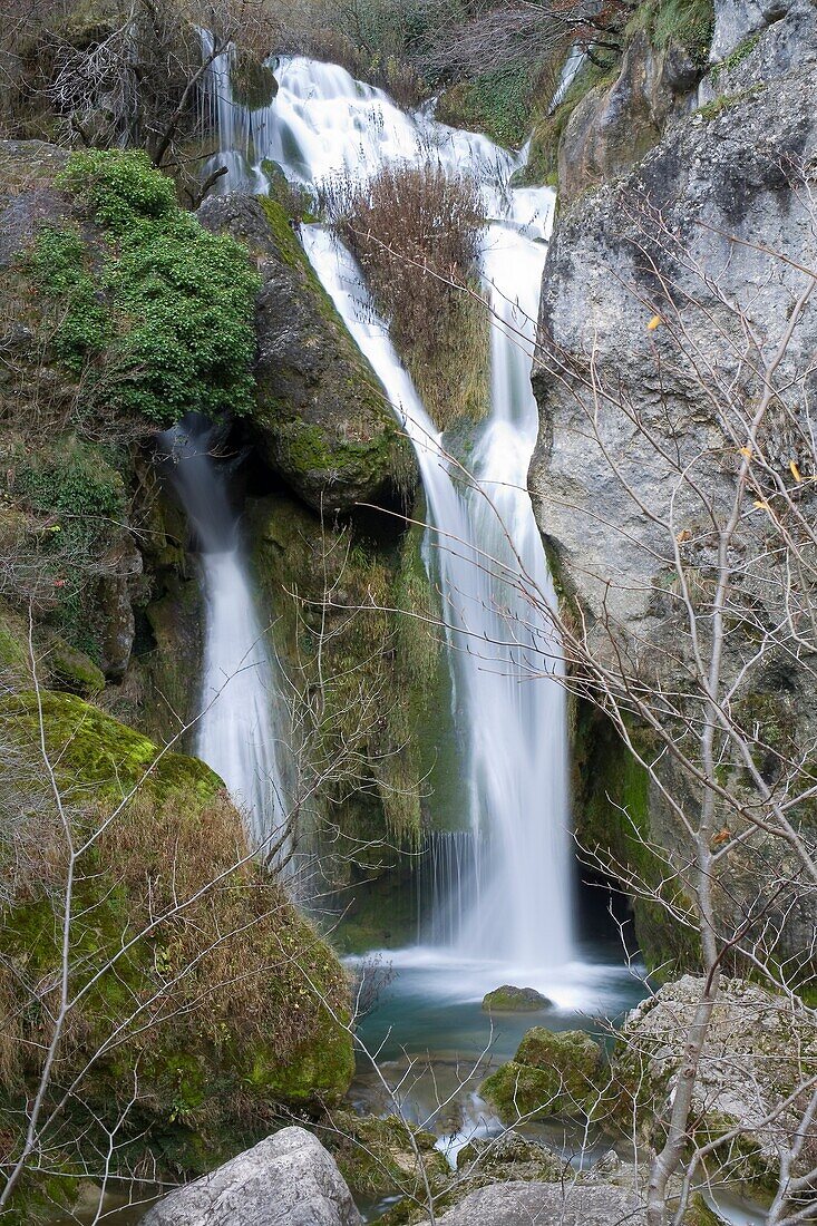 waterfall in Urederra river  Urederra source  Baquedano  Urbasa Andia Natural Park, Navarre, Spain, Europe