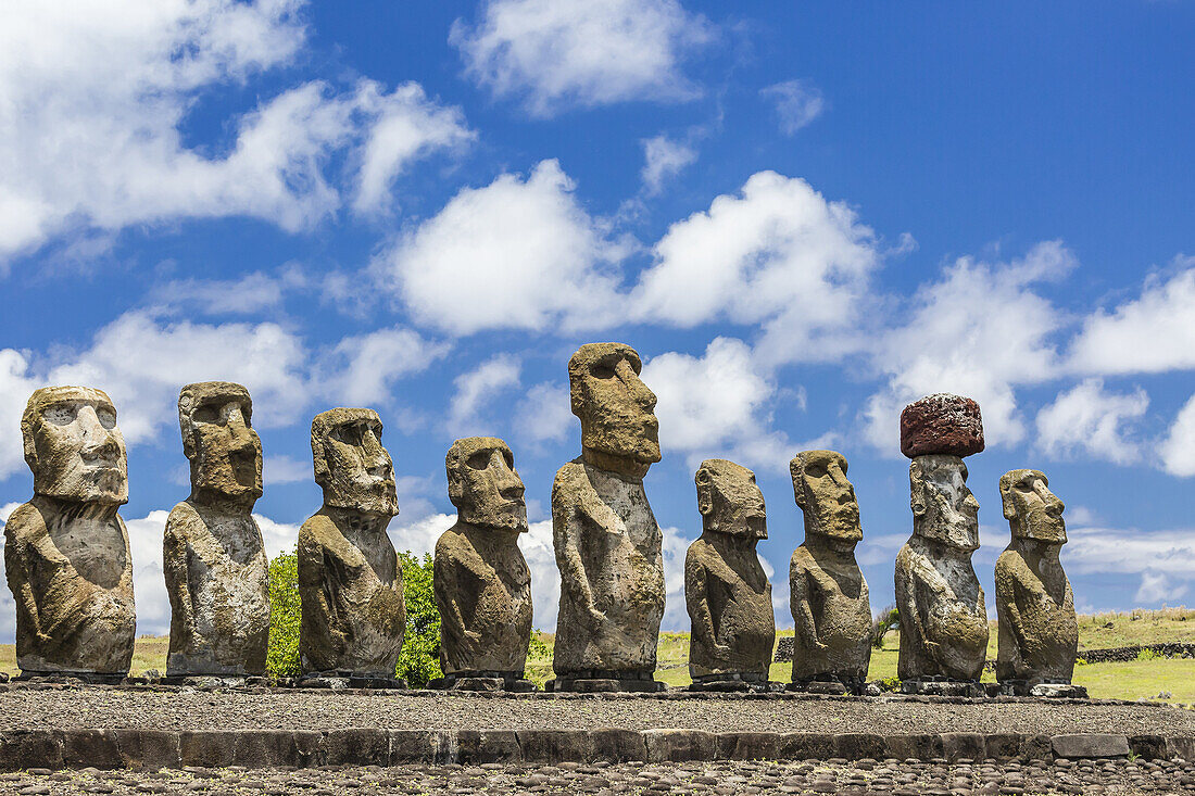 Details of moai at the 15 moai restored ceremonial site of Ahu Tongariki on Easter Island (Isla de Pascua, Rapa Nui), Chile.