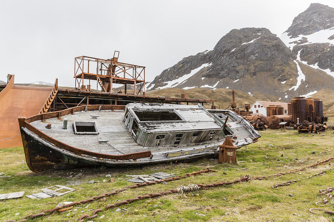 Heavy machinery and cookers at the abandoned and recently restored whaling station at Grytviken, South Georgia, UK Overseas Protectorate.