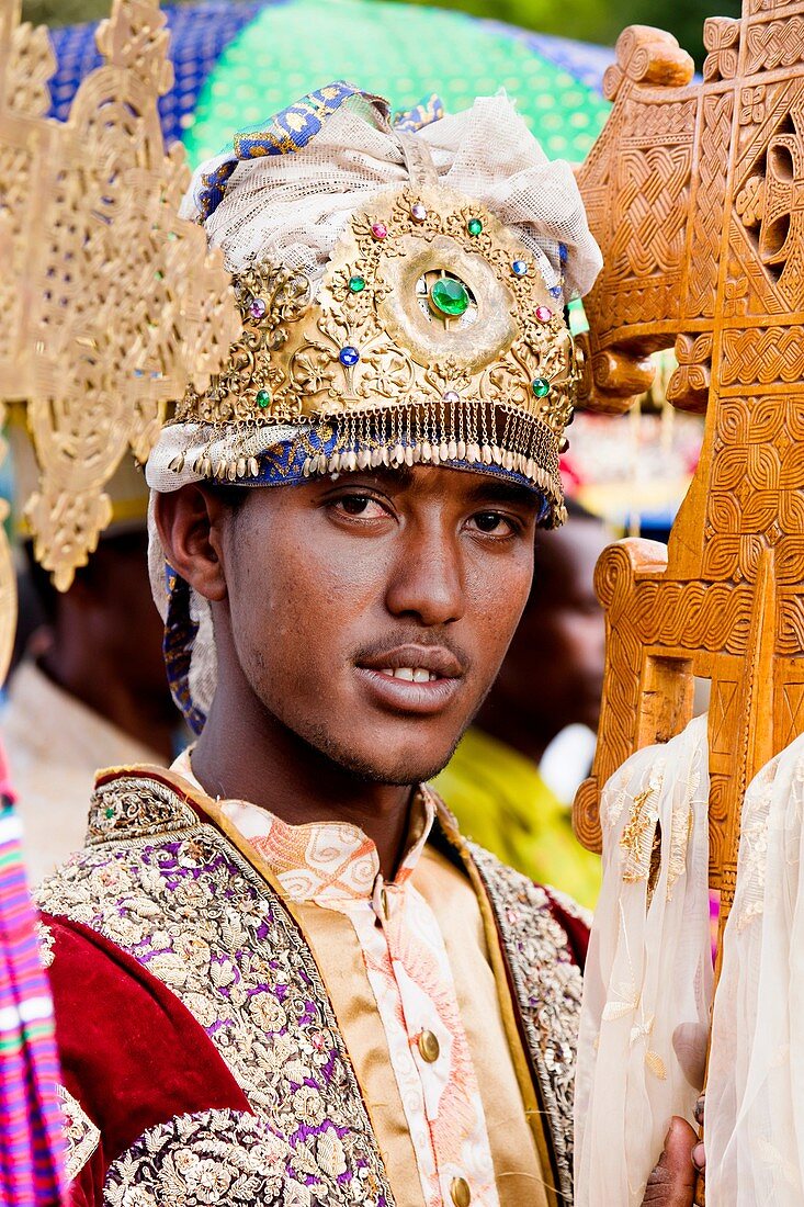 Meskel Cerimony in Lalibela Meskal, Meskal, Maskal, Mescel, Mesquel, which is taking place every September  For Meskel many pilgrims are coming to lalibela, to celebrate it at one of the holy palces in Ethiopia  Portrait of Clergymen during Meskel celebra