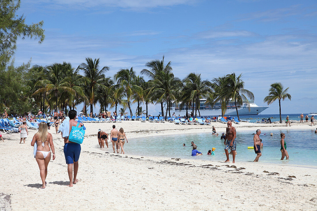 Tourists enjoying on the beaches of Coco Cay, are approximately 55 miles north of Nassau in the Bahamas.