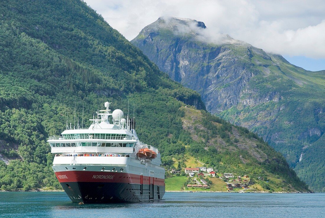 Hurtigruten coastal ferry in Geirangerfjord, Geiranger, Norway