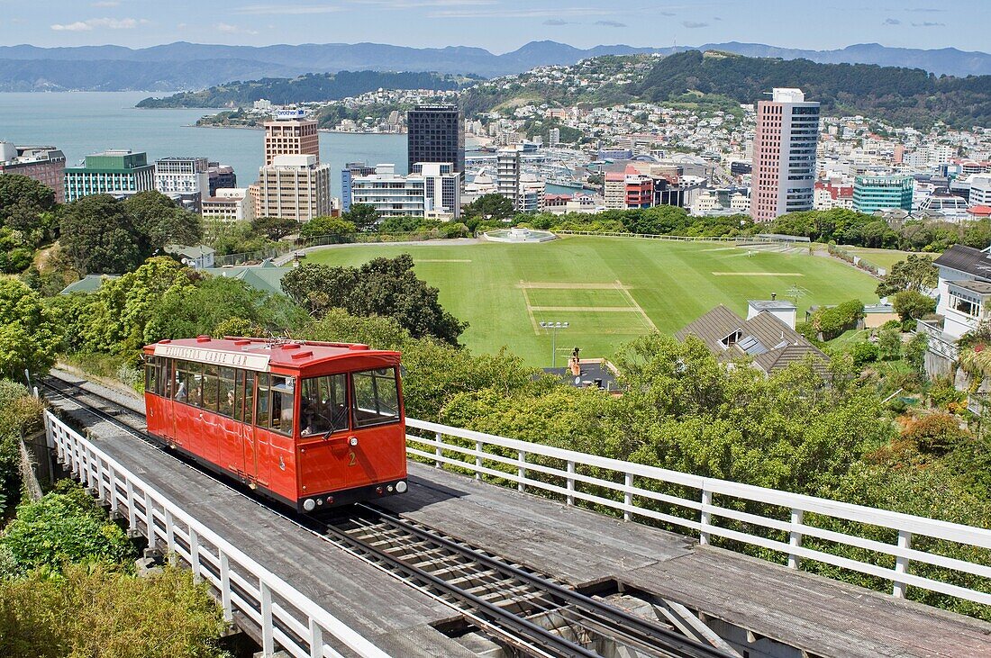 Wellington cable car and view of city, New Zealand