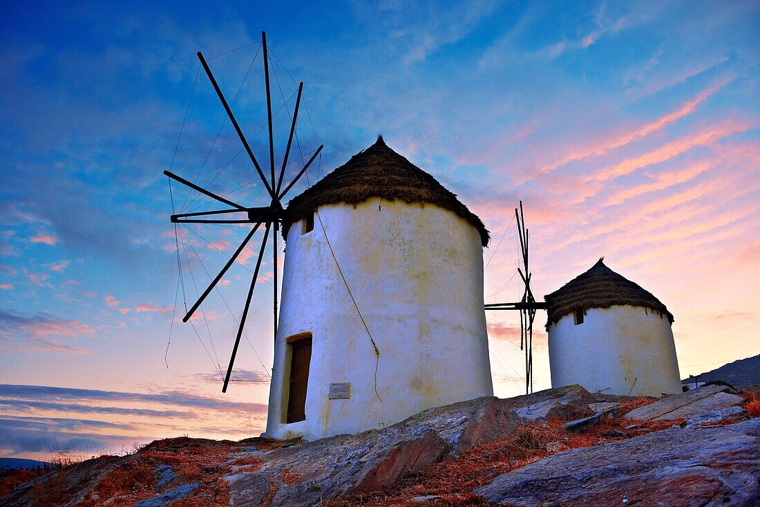 The Windmills overlooking Chora town  Ios Cylcades Islands, Greece