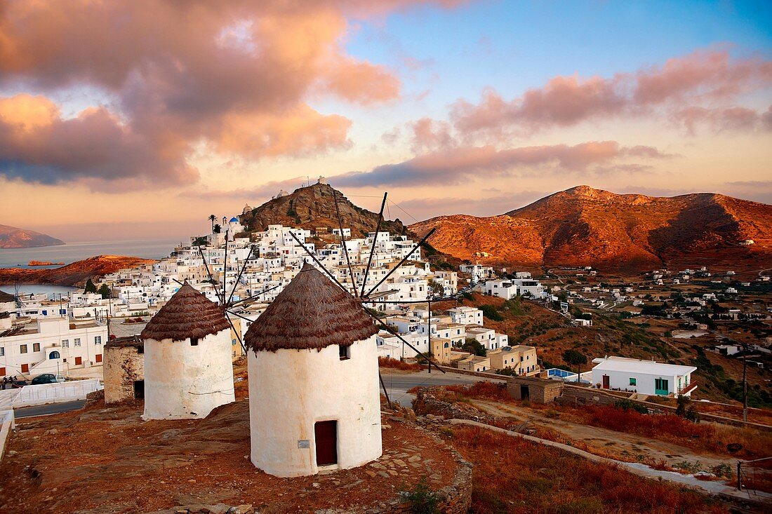 The Windmills overlooking Chora town  Ios Cylcades Islands, Greece