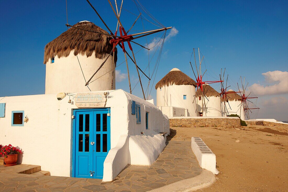 The traditional Greek windmills of Mykonos Chora  Cyclades Islands, Greece