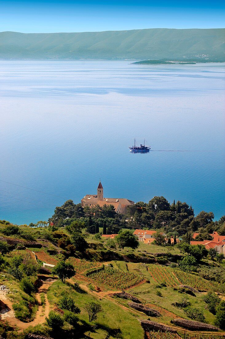 view of Bol and its vineyards looking towards Hvar island , Brac island, Croatia