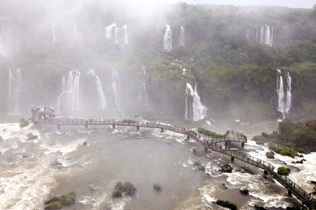 Iguazu Falls with walkway for tourists, Iguazu National Park, Brazil